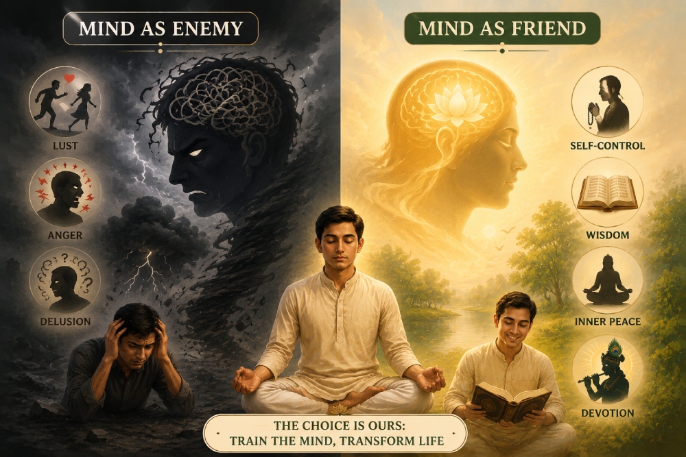 Mind as enemy vs mind as friend illustration inspired by Bhagavad Gita teachings